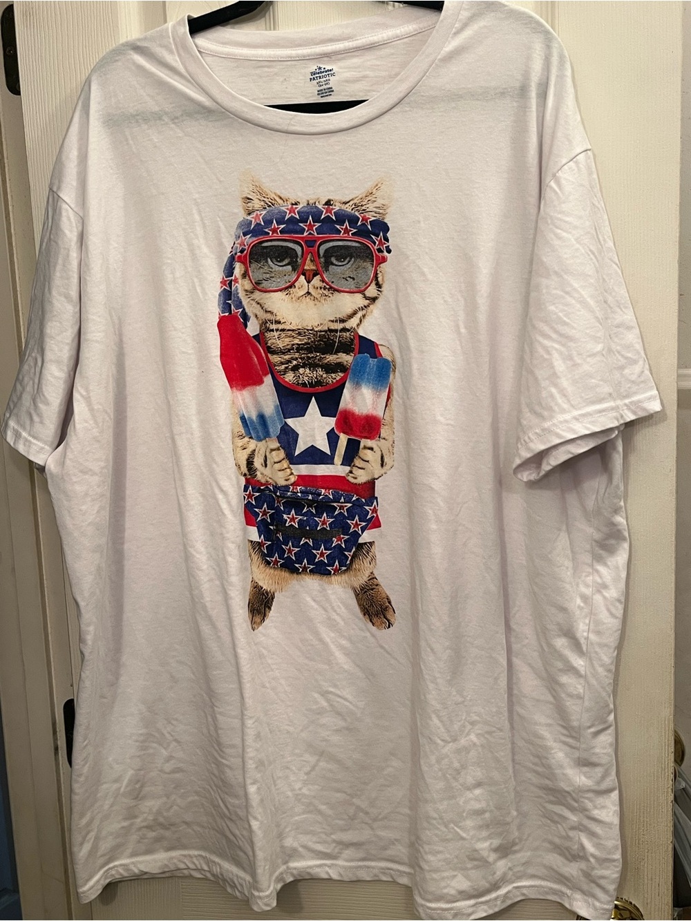 3XL Men's White Graphic Tee with Patriotic Cat Print